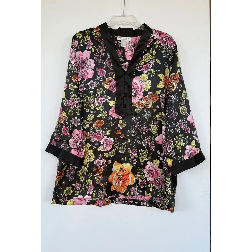 Morgan Taylor Large Silky Satin Black Floral Pajama Set PJ'S Fairy Garden Whimsy